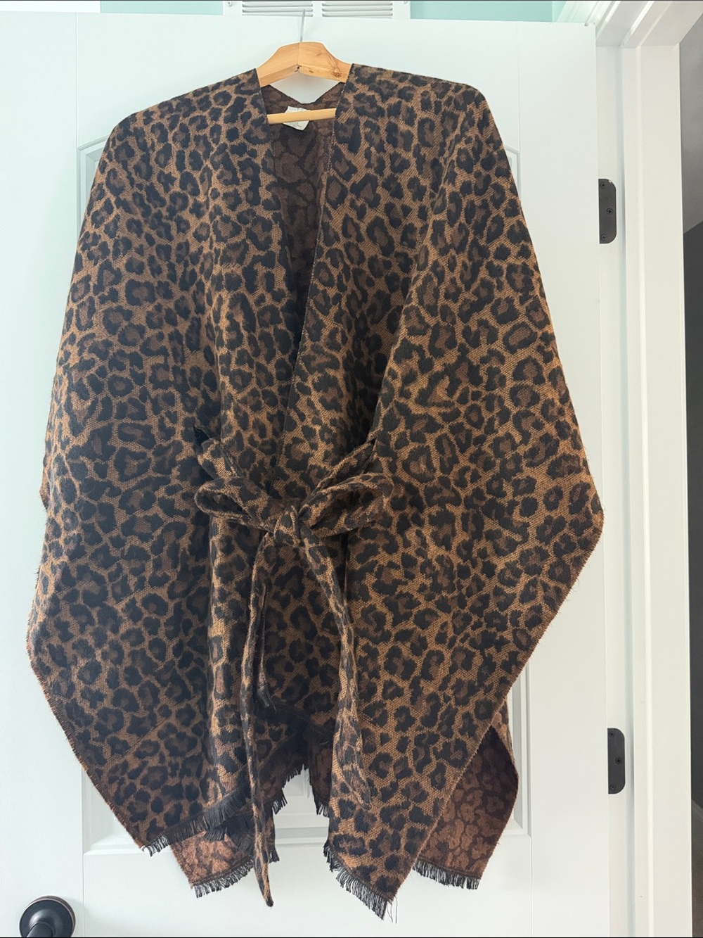 Leopard Print Wrap Belted Poncho
